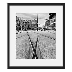 'Manchester Tram Lines'.. Black and white art prints of Manchester by Stephen Knowles